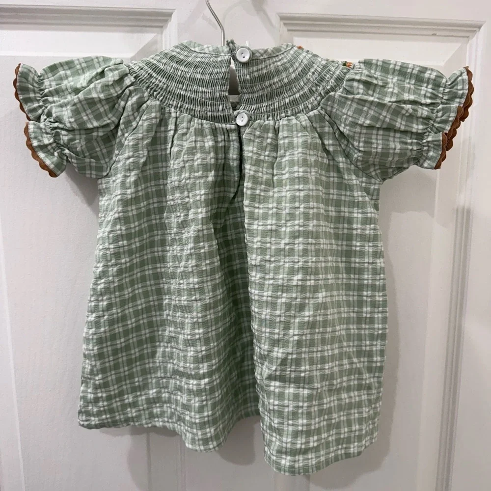 LIL CACTUS Green Plaid Kids Shirt/Dress with Pumpkin Embroidery Halloween Fall - Picture 2 of 3